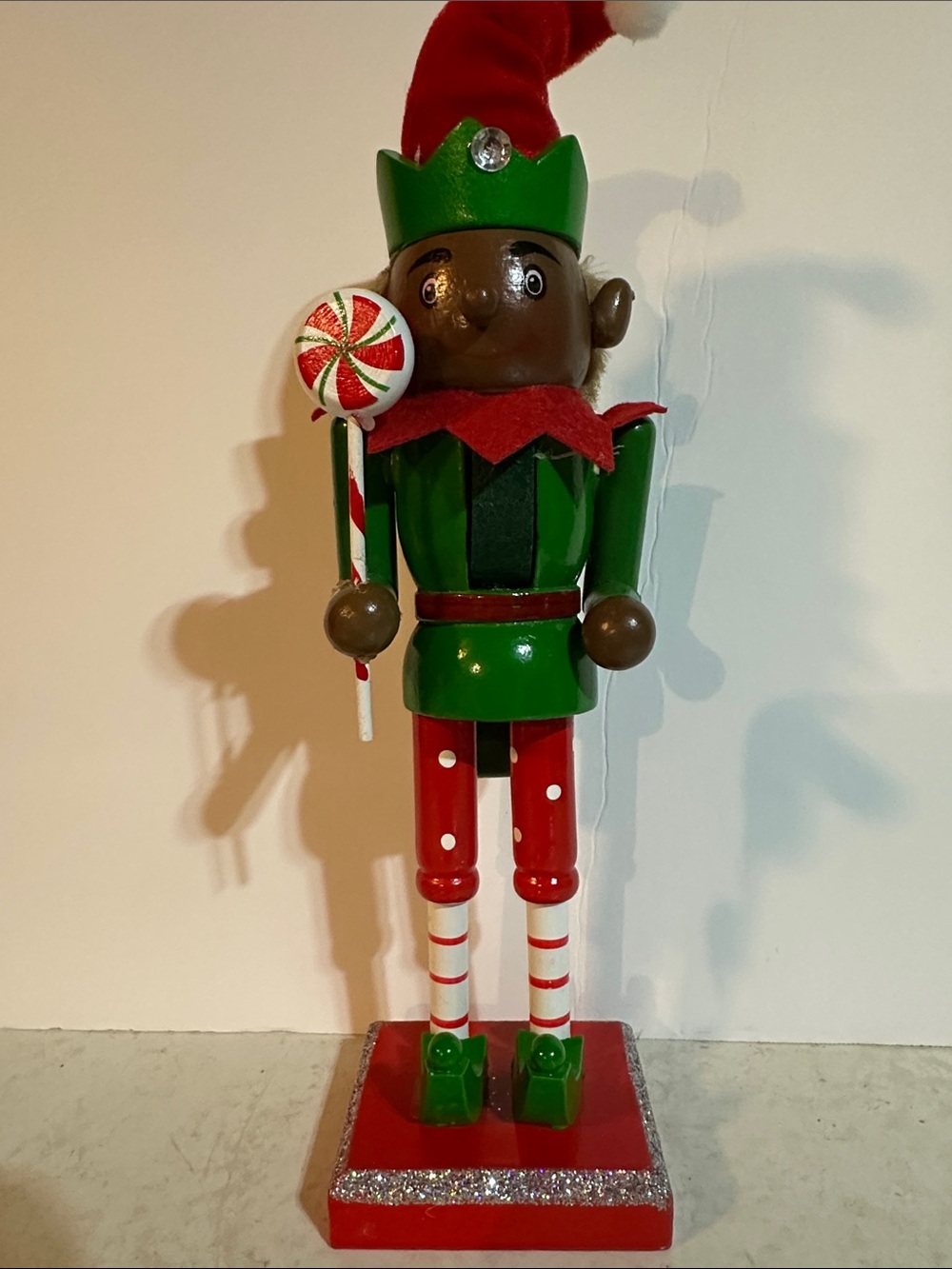 African American Festive Green and Red Holiday Nutcracker Elf Figurine